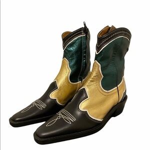 ZARA METALLIC REAL LEATHER RUNWAY RARE GREEN GOLD BLACK COWBOY BOOTS size 38